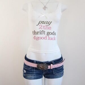 y2k thrift gods cami white lace trim coquette graphic